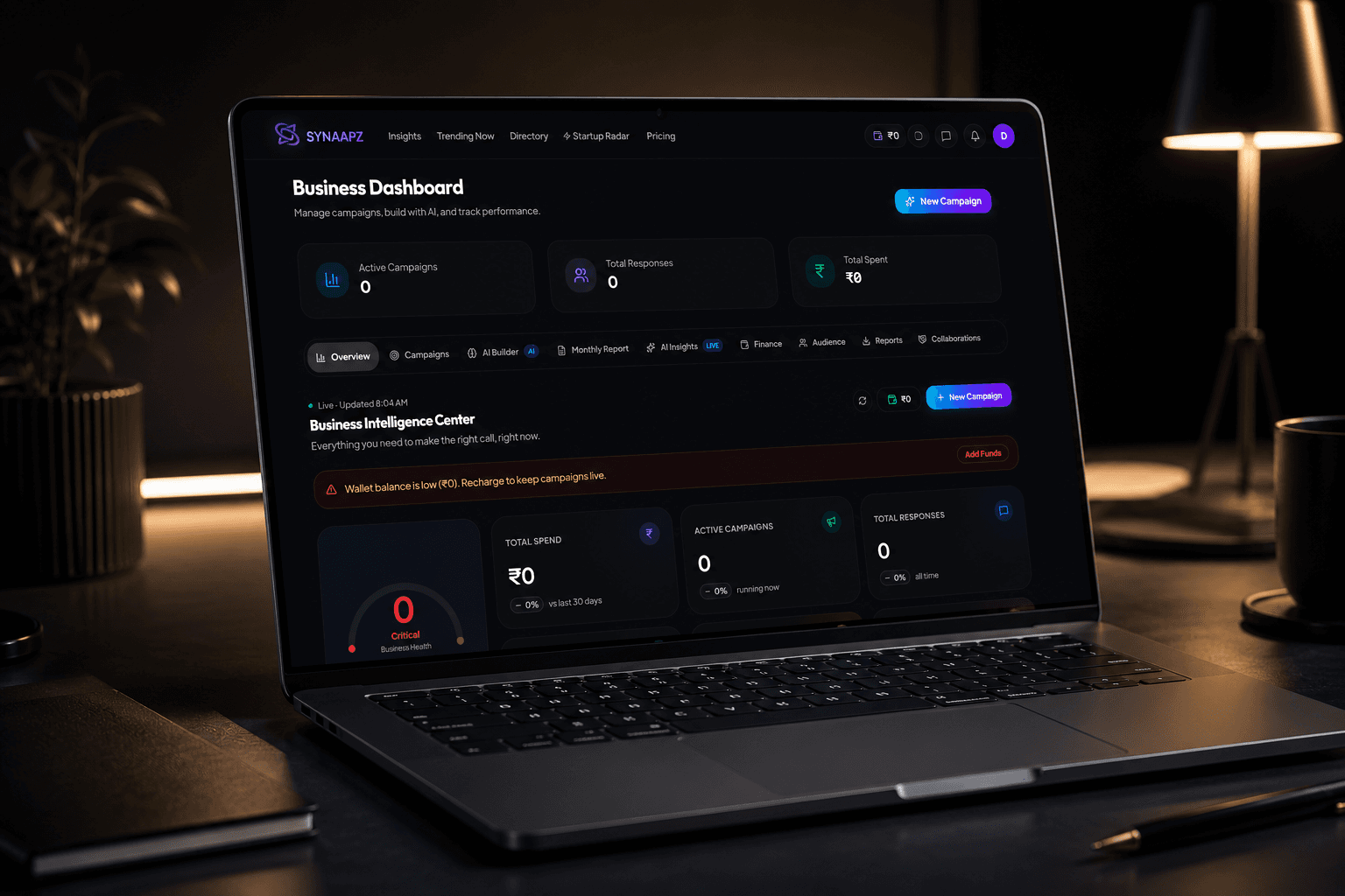 The Synaapz business dashboard open on a laptop, showing live campaign responses and AI insights